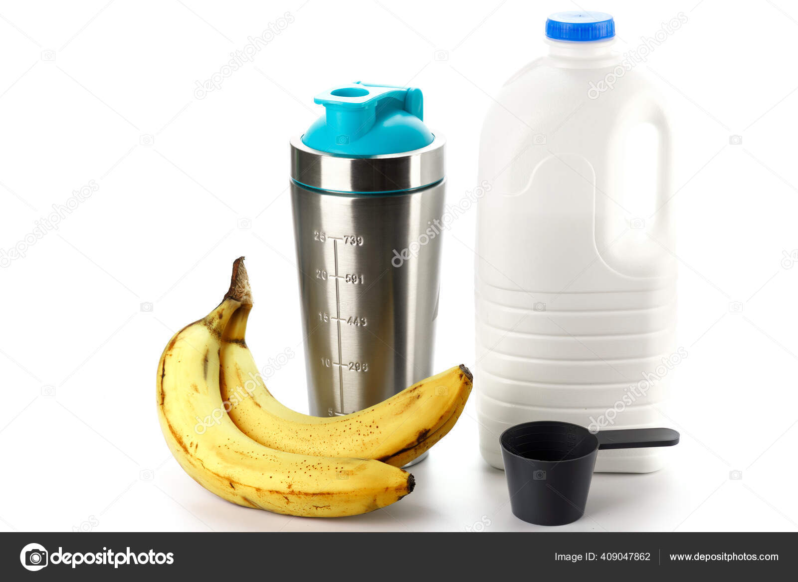Metal Protein Shaker Big Bottle Milk Bananas White Background