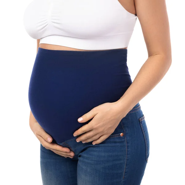 Jeune Femme Enceinte Portant Jean Maternité Isolé Sur Fond Blanc — Photo