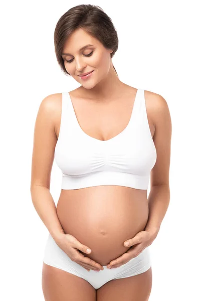 Молодая Красивая Беременная Женщина Нижнем Белье Белом Фоне — стоковое фото