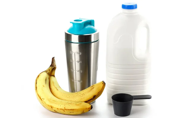 Metalen Eiwit Shaker Grote Fles Melk Bananen Witte Achtergrond — Stockfoto