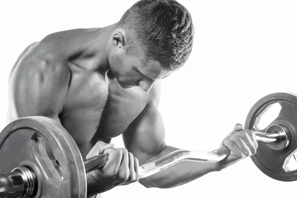 Jovem Muscular Homem Fazendo Bíceps Barbell Curl Exercício Branco Fundo — Fotografia de Stock
