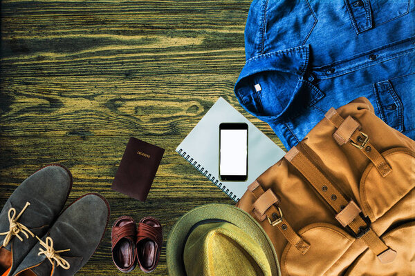 Top view Set of travel on summer holidays on wooden background old