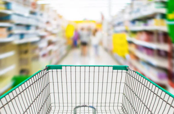 Supermarket Trolleyblurred Background Empty Red Shopping Cart — Stock Photo, Image
