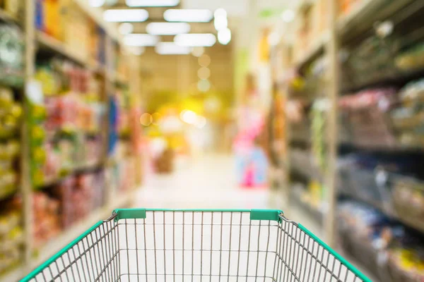 Supermarket Trolleyblurred Background Empty Red Shopping Cart — Stock Photo, Image