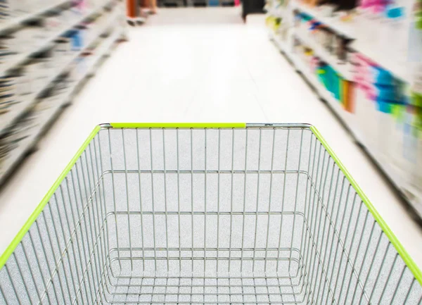 Supermarket Trolleyblurred Background Empty Red Shopping Cart — Stock Photo, Image