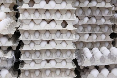 Karton kutular içinde tavuk beyaz yumurta Mağaza satırları yığılmış. Paket içinde yumurta.