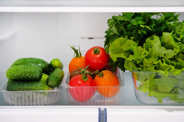 Open fridge. Healthy vegetarian food cucumbers, tomatoes, lettuce, parsley. Vegetables on shelf of refrigerator. Horizontal picture.