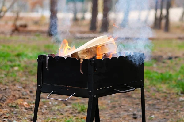 Grill. Grillen in der Natur. Holzfeuer zum Grillen vorbereitet. Grillsaison in der Natur eröffnet. — Stockfoto
