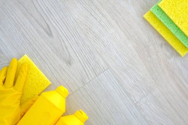 Temizleme ürünleri, yat, alanı Kopyala. Ev işleri, ev ve ev kavramı. Üstten Görünüm.