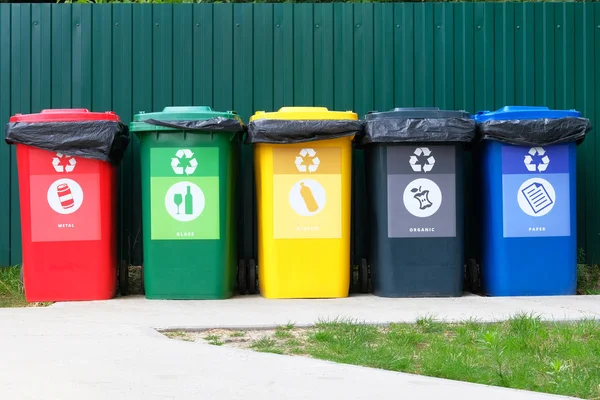 Ayrı çöp toplama yeri. Atık geri dönüşüm konsepti. Metal, cam, kağıt, organik, çöp işleme için plastik kaplar.