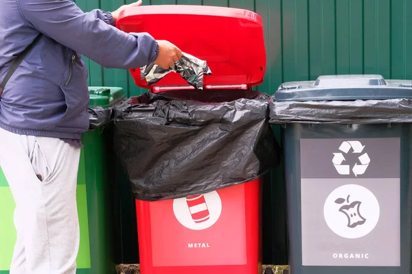 Throw metal into a container for recycling. Containers for metal, glass, paper, organics, plastic for further processing of garbage. Separate garbage collection.
