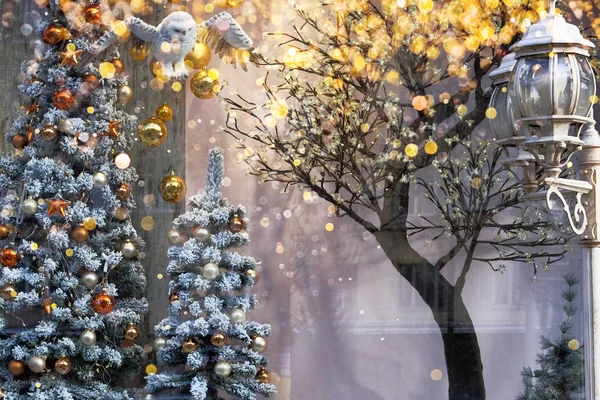 Christmas shop window. Market. New Year. Classical xmas decoration.