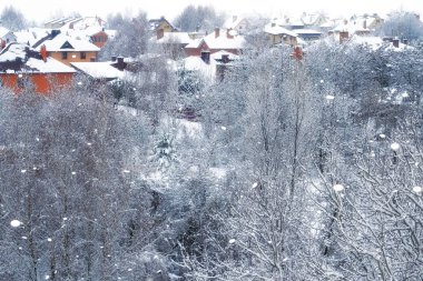 Şehirlerin kışı, ağaçlar, don. İskandinavya'da kar yağışı. Havada bir sürü kar tanesi uçuyor. Aralık kar yağışı.