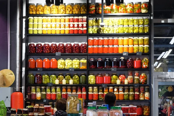 Variety Glass Jars Homemade Pickled Fermented Colorful Vegetables Jams Shelves — Stock Photo, Image