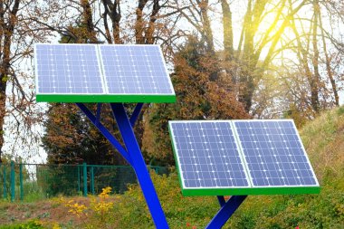 Bahçeye güneş panelleri kurulmuş, yeşil temiz. Alternatif enerji konsepti.