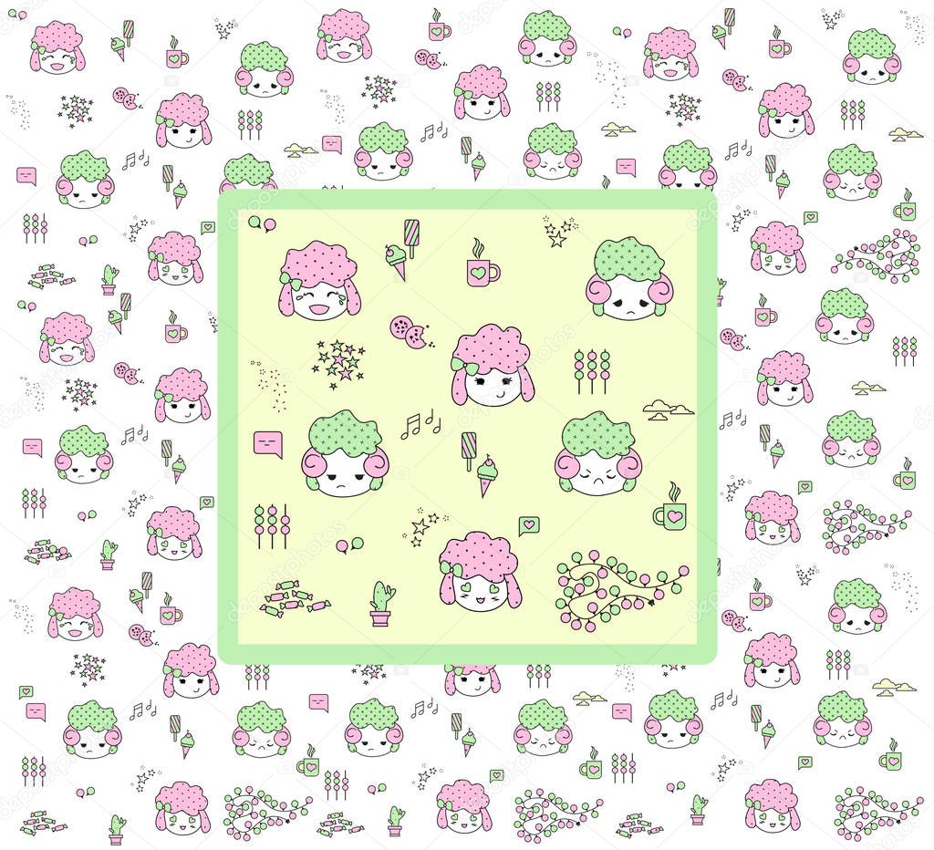 Pattern with sad, serious sheep and cheerful cute sheep. Background for holiday packaging or for the substrate cards, photos.