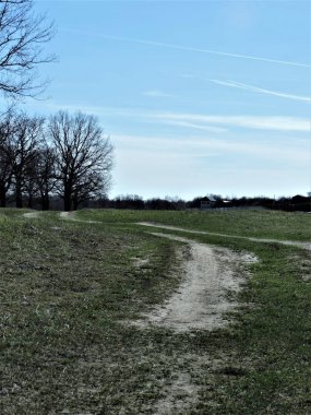 Bahar tarlasında yol ve mavi gökyüzü