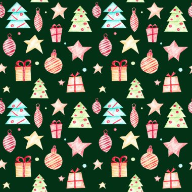 Dikişsiz Noel desen yeşil bir arka plan üzerinde. Noel Noel ağacı, hediyeler, Noel süsleri ve yeşil bir arka plan üzerinde yıldız ile seamless modeli.