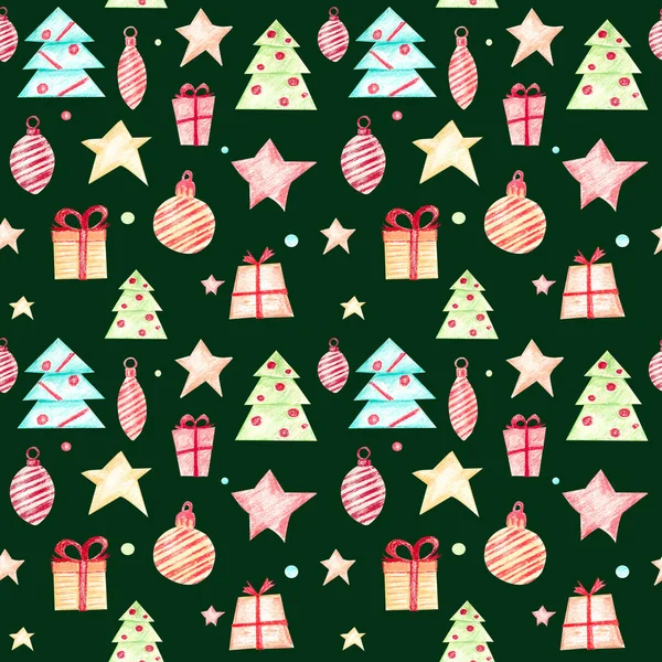 Dikişsiz Noel desen yeşil bir arka plan üzerinde. Noel Noel ağacı, hediyeler, Noel süsleri ve yeşil bir arka plan üzerinde yıldız ile seamless modeli.