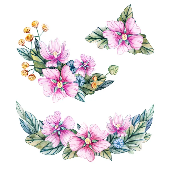 Arranjo Flores Rosa Com Folhas Aquarela Desenhada Mão Composições Aquarela — Fotografia de Stock