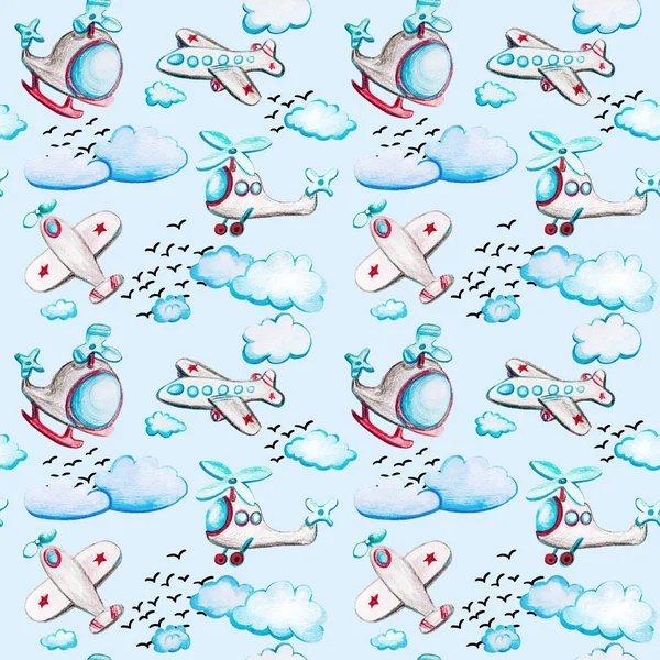 Akvarelu Vzor Bezešvé Mraky Ptáci Dětský Vzor Vrtulníky Letadla Mraky — Stock fotografie