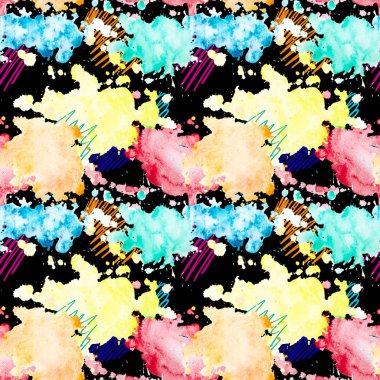 Suluboya sıçramalarına. Siyah bir zemin üzerine sarı, turuncu, kırmızı ve mavi lekesi ile renkli parlak seamless modeli.