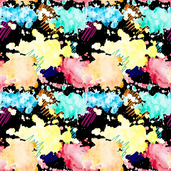 Watercolor splashes. Colorful bright seamless pattern with yellow, orange, red and blue blots on a black background.