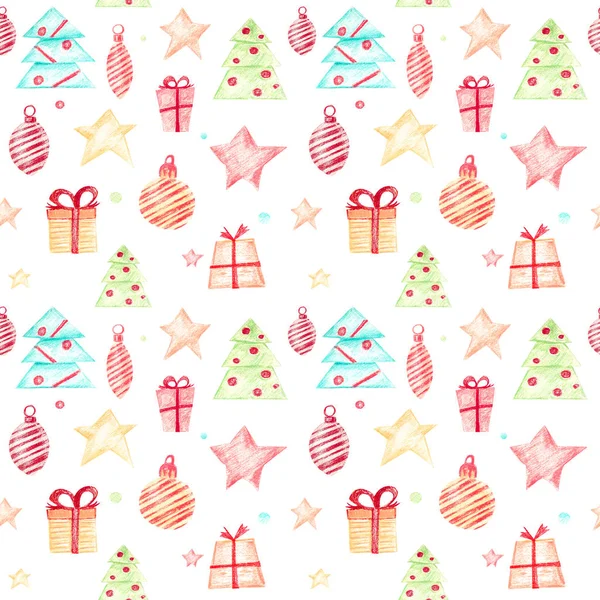 Weihnachten Nahtloses Muster Mit Weihnachtsbäumen Geschenken Weihnachtsschmuck Und Sternen Auf — Stockfoto