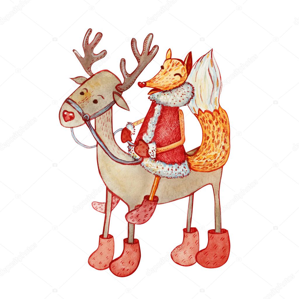 Merry fabulous and cunning fox in a fur coat, felt boots and mittens riding on a Christmas reindeer. Hand drawn watercolor. Designed for greeting cards, prints, posters, stickers.