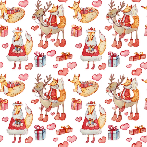 白い背景にクリスマスの文字を水彩のシームレスなパターン 鹿にずるい狐は ウォーキングや 横になっているフォックス ギフト ボックスと心 — ストック写真