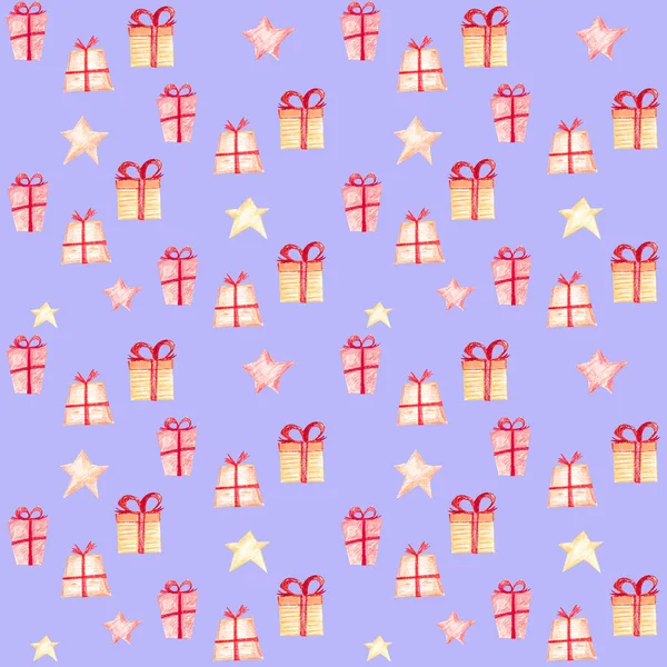 Christmas Seamless Pattern Gift Boxes Stars Violet Background Festive Background — Stock Photo, Image