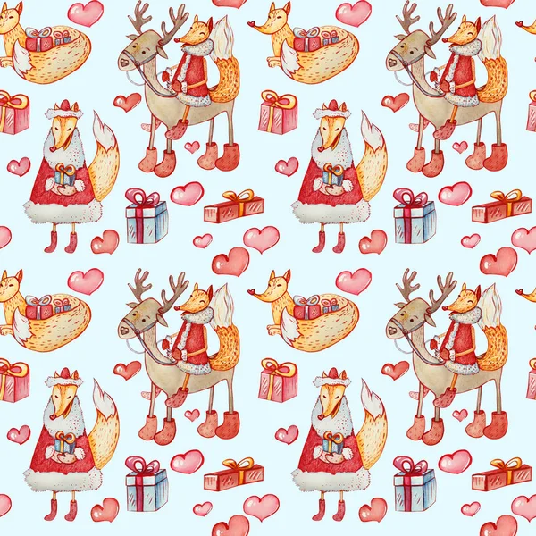 Seamless pattern with a fox riding a deer, with a walking and lying fox with gifts and hearts. Watercolor Christmas characters on a blue background.