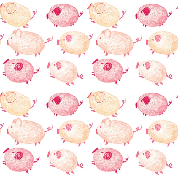 Seamless pattern with funny cartoon pink and orange pigs. 2019 year of the pig on the Chinese calendar. Hand-drawn dry pastel.