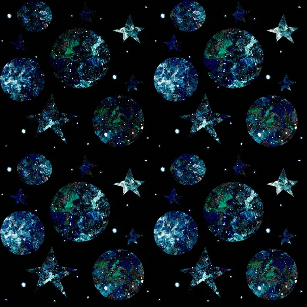 별, 행성은 하와 검은 배경에 공간 원활한 패턴. — 스톡 사진