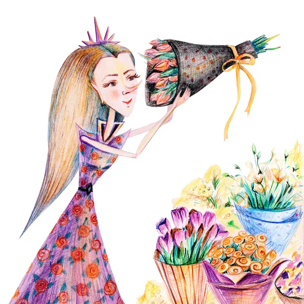 Dziewczyna z bukietami, tulipany, róże, eustoma i mimosa. — Zdjęcie stockowe