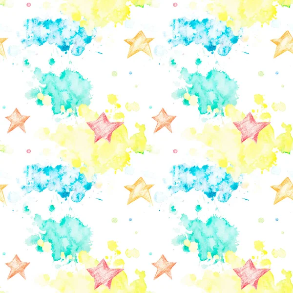 Seamless pattern with multicolored watercolor spots and stars.. — Stock Photo, Image