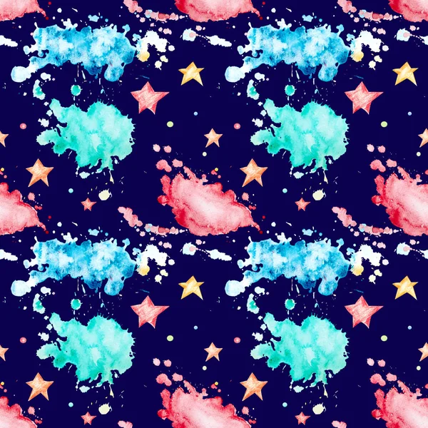 Seamless pattern with multicolored watercolor blots and stars. — Stock Photo, Image