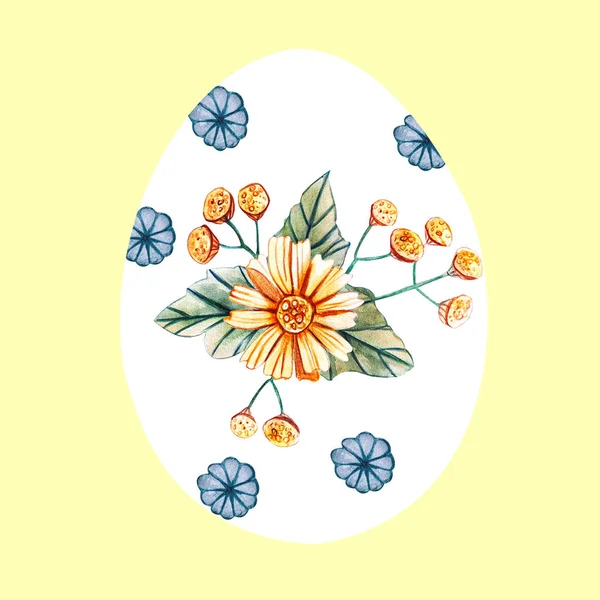 White Easter egg on a yellow background with a pattern of wild flowers. — Stock Photo, Image