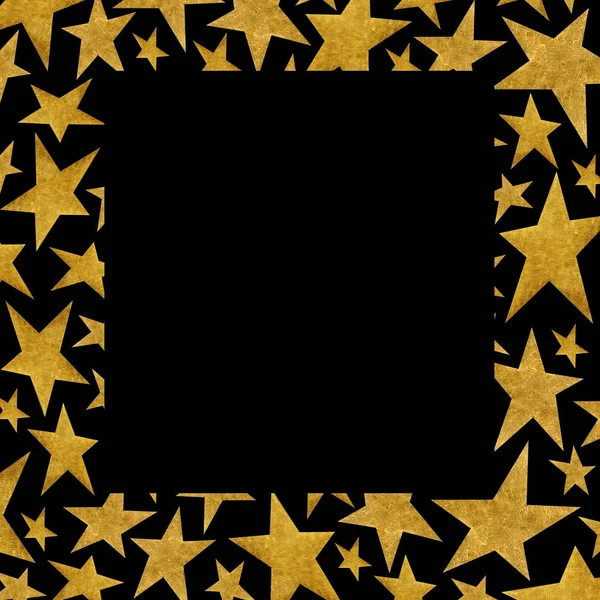 Τετράγωνο πλαίσιο με χρυσό μεταλλικό αστέρια σε μαύρο φόντο. — Φωτογραφία Αρχείου