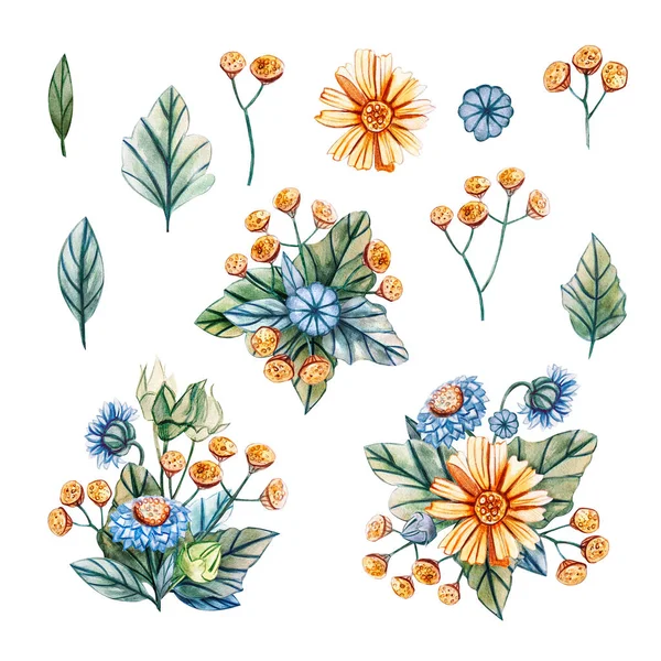 Illustrations aquarelle avec bouquets de fleurs sauvages pour un mariage . — Photo