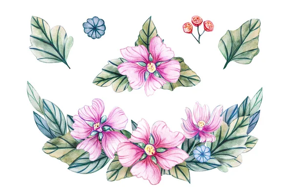 Watercolor illustration with wreath of wild flowers. — Stock Photo, Image