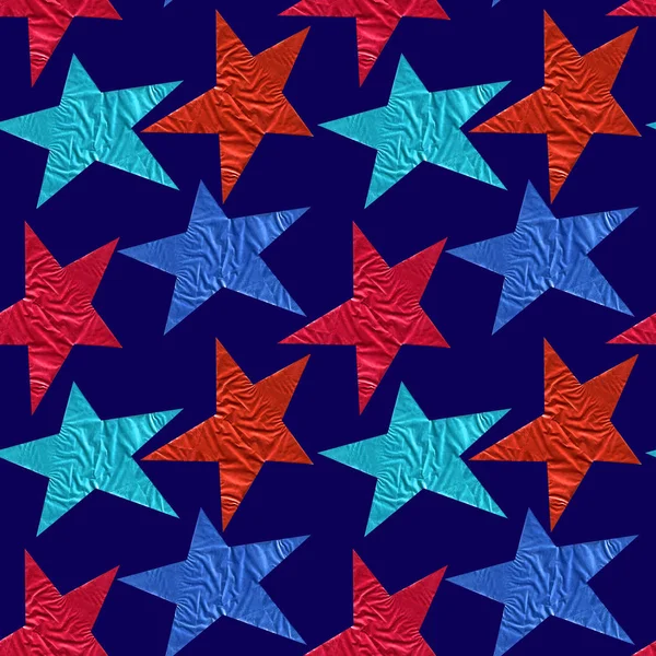 Bezešvé vzory s modrými a červenými hvězdami na modrém pozadí — Stock fotografie