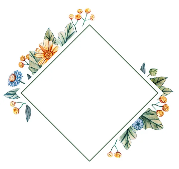 Floral square frame of watercolor wildflowers. — Stock Photo, Image