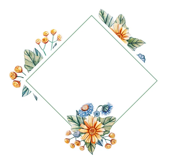 Floral square frame of watercolor wildflowers. — Stock Photo, Image