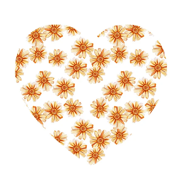 Heart shape with yellow orange daisies.