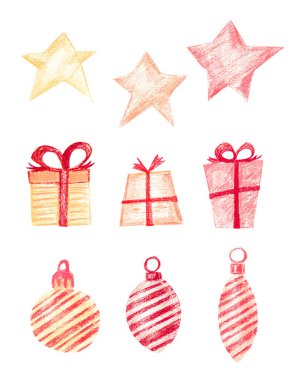 Noel hediyeleri, yıldızlar ve Noel süsleri.