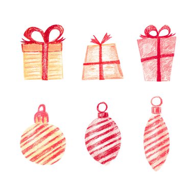 Noel ağacı oyuncakları ve hediyeler seti.