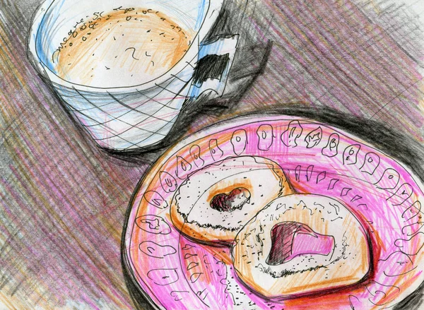 Arte de línea con rosquillas y café . — Foto de Stock