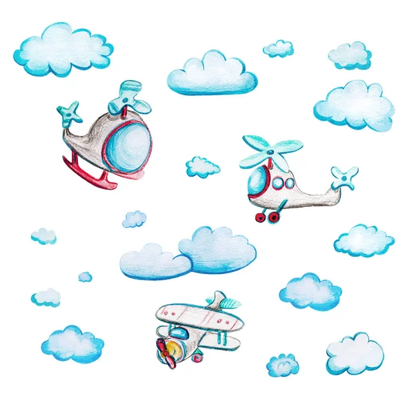 Children's watercolor set with helicopters. Royalty Free Stock Photos
