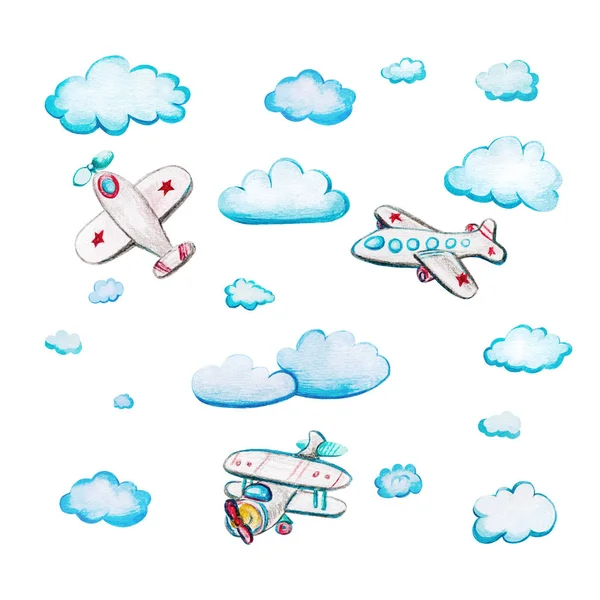 Kinder-Aquarellset mit Flugzeugen und Wolken. — Stockfoto